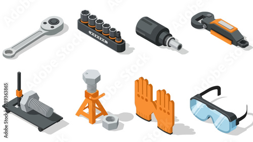 Isometric tools and safety gear set: modern workshop essentials in orange and gray