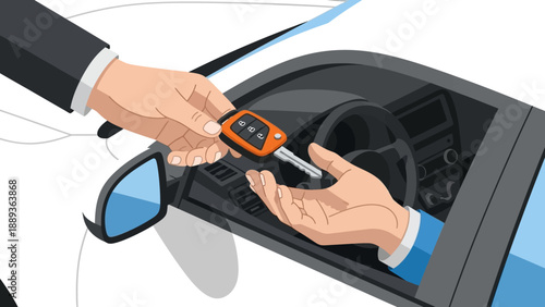 Car key exchange in modern flat design: driver and seller transaction