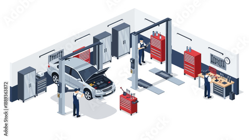 Isometric car repair garage with mechanics working on vehicle in modern workshop
