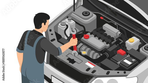 Mechanic repairing car engine in isometric style workshop scene