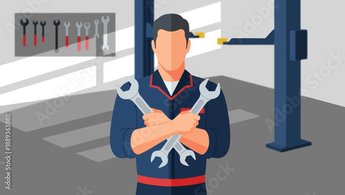 Mechanic in workshop holding wrenches in crossed arms pose