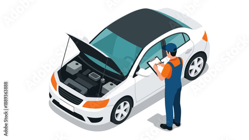Auto maintenance: mechanic inspecting car engine in isometric style