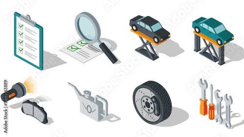 Isometric car maintenance tools and checklist for automotive service