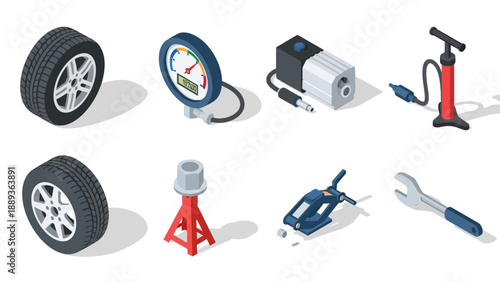 Isometric car tools set: tire, pressure gauge, jack, compressor, pump, wrench