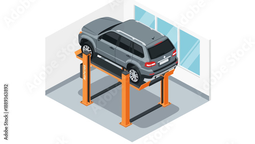 Isometric car on garage lift platform in auto repair workshop