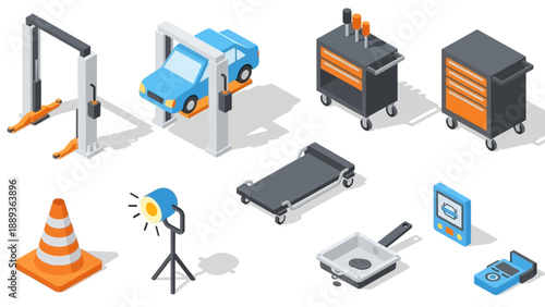 Isometric automotive workshop tools and equipment with car lift