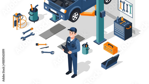 Isometric auto repair garage scene with mechanic and tools