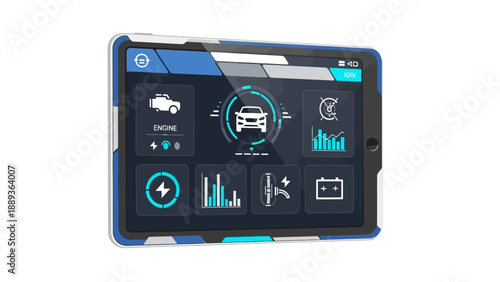 Futuristic dashboard display on tablet screen for car monitoring