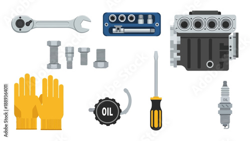 Automotive engineering tools and parts on white background