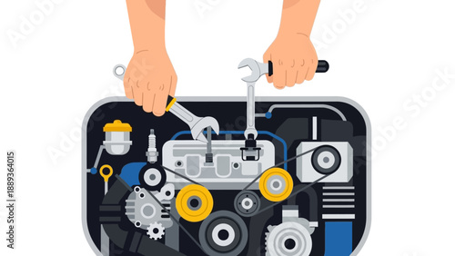 Engine maintenance with tools: hands-on mechanical repair in flat design