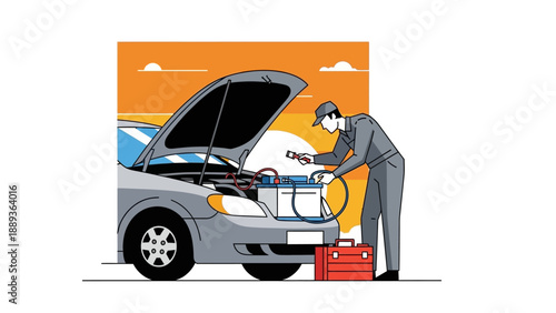 Mechanic examining car engine with tools at sunset in a modern flat design