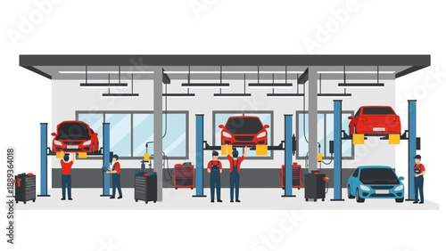Modern automotive workshop with mechanics working on cars in flat design