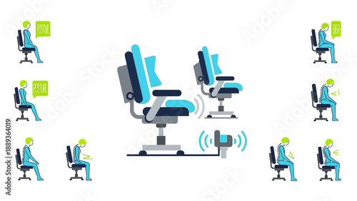 Office chair posture correction with ergonomic support icons