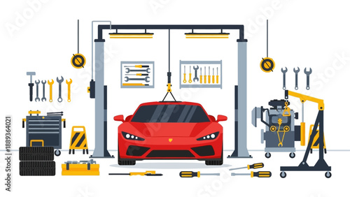 Modern automotive workshop with car maintenance tools and red sports car