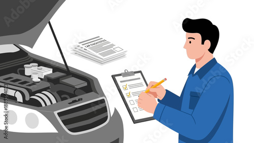 Mechanic conducting car check with clipboard and diagnosing engine issues