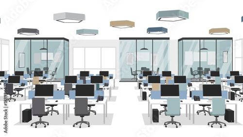 Contemporary open plan office interior with modern cubicles and workstations