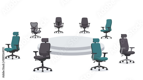 Variety of modern office chairs displayed on circular platform
