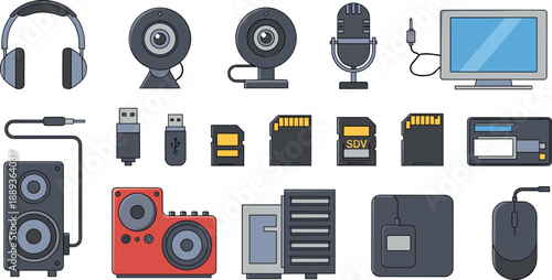 Collection of modern computer and audio equipment for podcasting and streaming