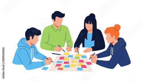 Team brainstorming session with diverse people using colorful sticky notes