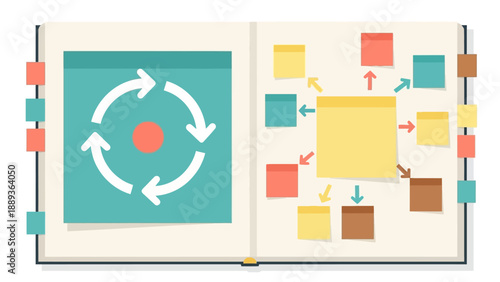 Colorful sticky notes and diagrams in open book for creative planning