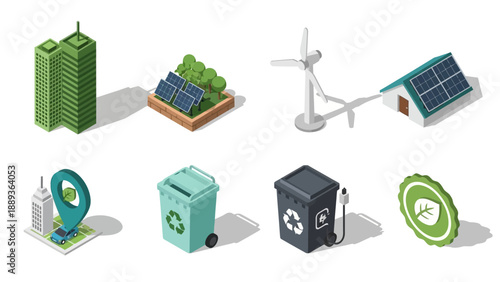 Eco-friendly icons: renewable energy, recycling, and sustainable buildings in isometric design