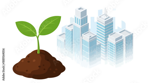 Growing green: a sapling thrives next to modern skyscrapers