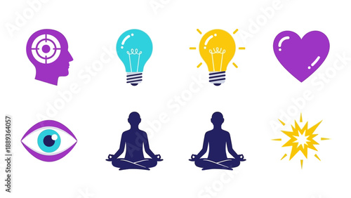Mindfulness and creativity icons: meditation, innovation, wellness, and insight symbols