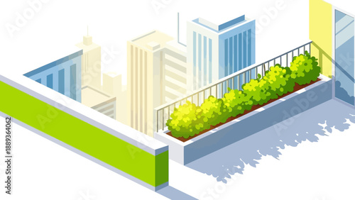 Isometric city skyline with modern rooftop garden and urban buildings