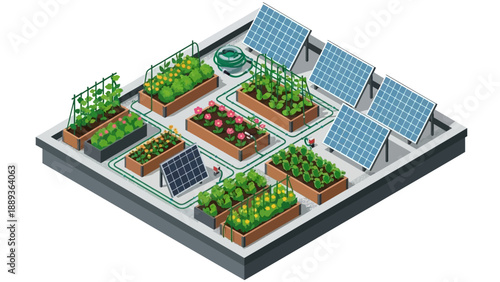 Isometric urban rooftop garden with solar panels and vegetation