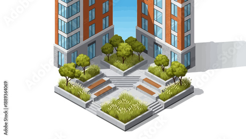 Isometric urban architecture with green courtyard and modern high-rise buildings