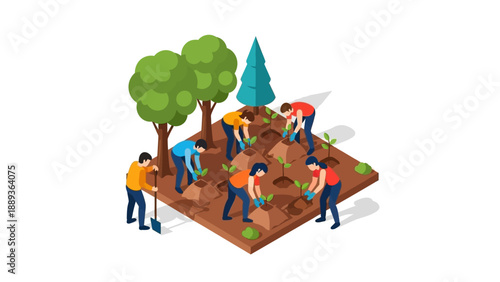 Isometric community tree planting activity with volunteers and saplings