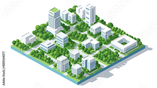 Isometric cityscape with modern buildings and greenery in urban setting