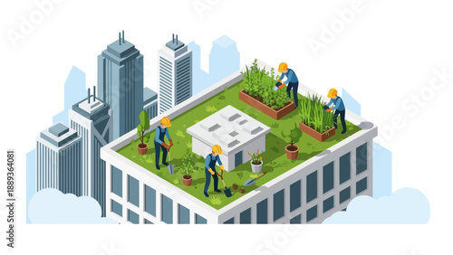 Urban rooftop gardening in the city: workers cultivating vegetables and plants in an isometric style