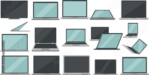 Collection of modern laptops and tablets in various positions and orientations