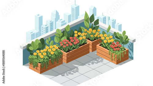 Urban rooftop garden with lush greenery and blossoming flowers in isometric style