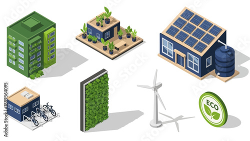 Sustainable urban design elements featuring green architecture and renewable energy in isometric style