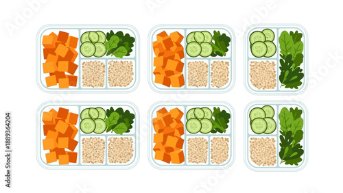 Healthy meal prep with vegetables and grains in bento boxes