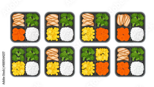 Colorful bento box pattern with rice, chicken, broccoli, carrots, and scrambled eggs