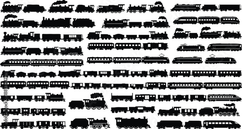 Collection of various train types in black silhouette on white background