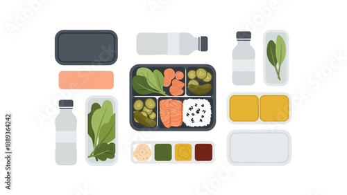 Flat style healthy meal prep with bento boxes and fresh ingredients