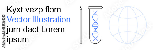 Science, education, global research, biology study, innovation, molecular analysis. Test tube with DNA strand, pencil and globe outline. Science and education concept