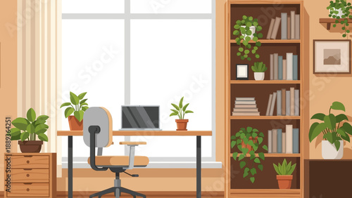 Cozy home office with plants and books in bright natural light