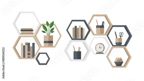 Modern hexagonal shelves with books and plants for stylish home decor