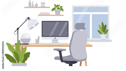 Modern minimalist workspace with desk, computer, and office chair