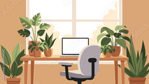 Cozy workspace with indoor plants and laptop in a bright, minimalist home office