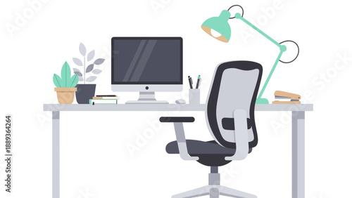 Modern workspace with office chair and desktop computer with green desk lamp
