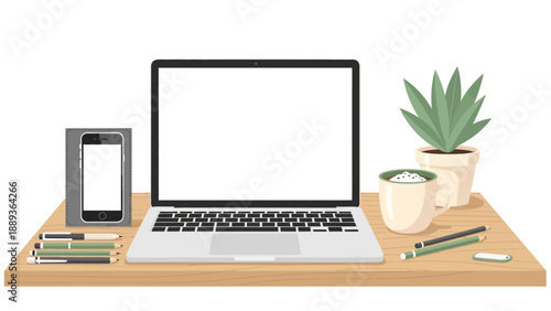 Flat design home office desk with laptop, smartphone, and coffee