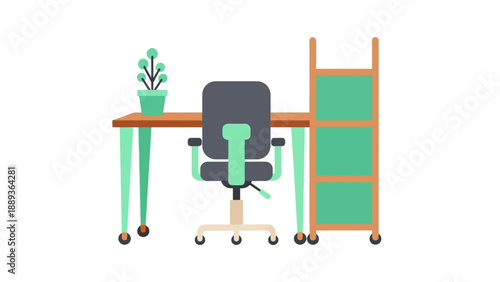 Modern office workspace with chair and desk in flat style