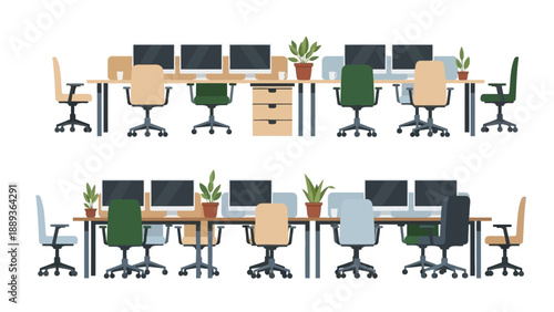 Modern office workspace with desks and computers in flat design