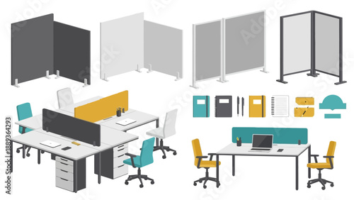 Modern office furniture and dividers in isometric design